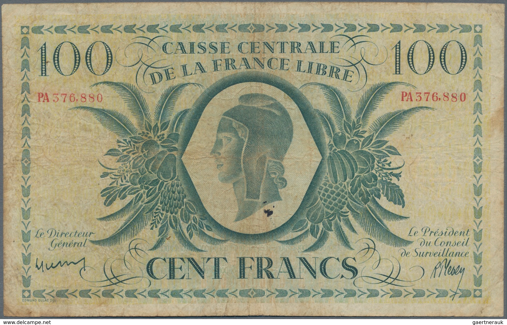Réunion: Caisse Centrale De La France Libre 100 Francs 1941 With Serial Number PA376.880, P.37a, Lig - Reunion