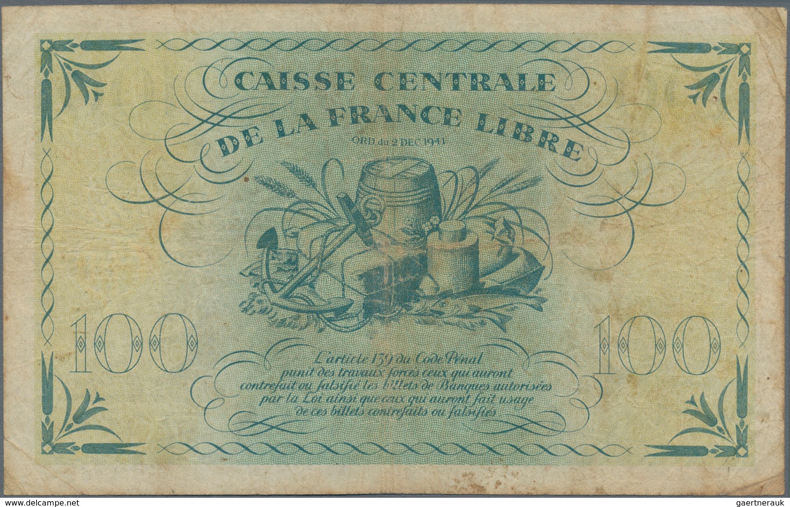 Réunion: Caisse Centrale De La France Libre 100 Francs 1941 With Serial Number PA376.880, P.37a, Lig - Réunion