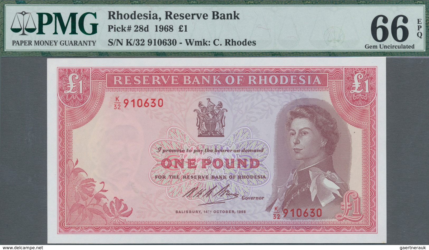 Rhodesia / Rhodesien: Reserve Bank Of Rhodesia 1 Poound 1968, P.28d In UNC, PMG Graded 66 Gem Uncirc - Rhodesien