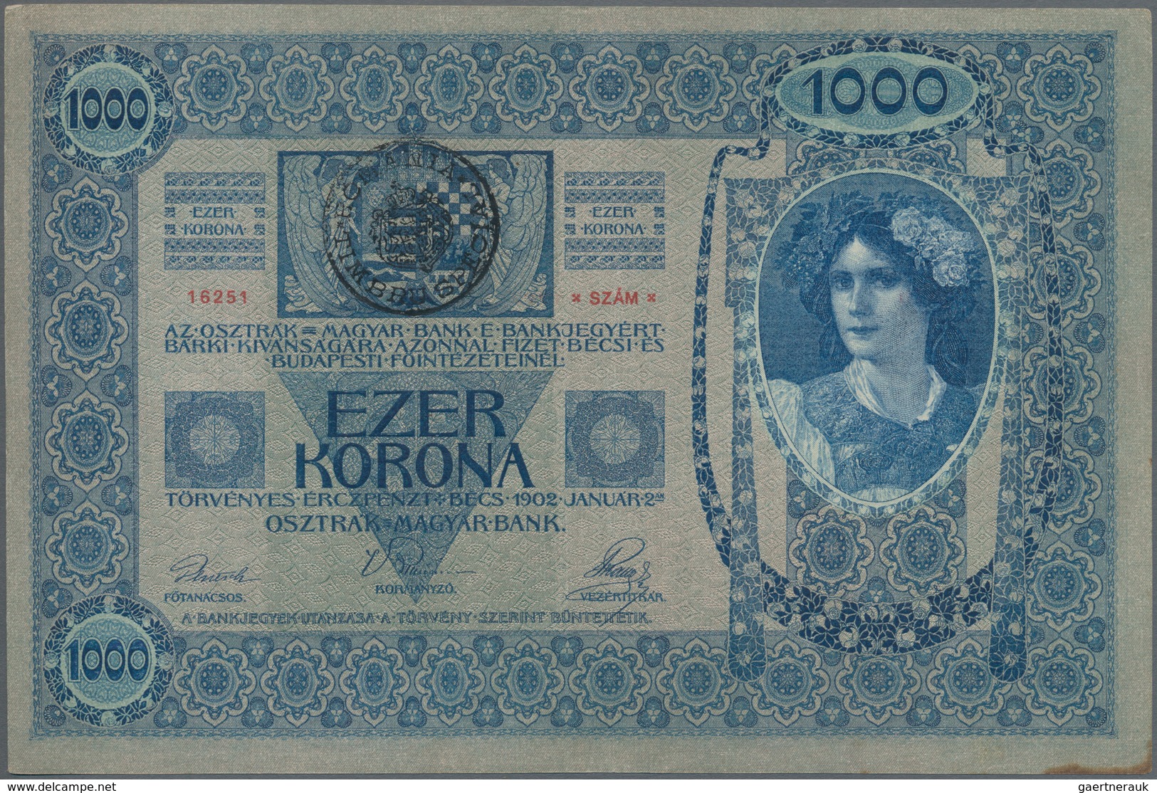 Romania / Rumänien: Transilvania (Siebenbürgen) & Banat 1000 Kronen 1902 (1919) Handstamp On The Hun - Romania
