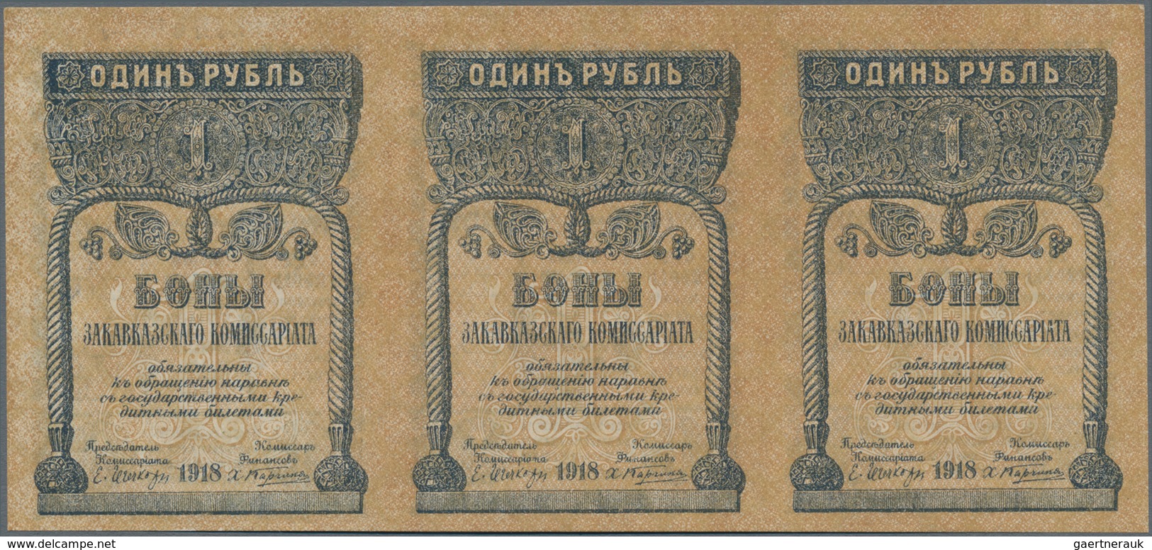 Russia / Russland: Transcaucasia - Commissariat Uncut Sheet Of 3 Notes 1 Ruble 1918, P.S601 In Perfe - Russland