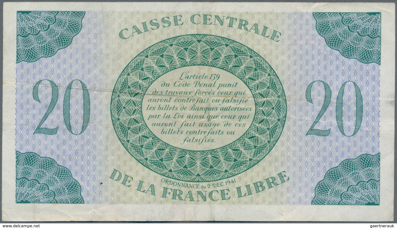 Saint Pierre & Miquelon: Caisse Centrale De La France Libre 20 Francs 1941 With Serial Number LA029. - Otros & Sin Clasificación