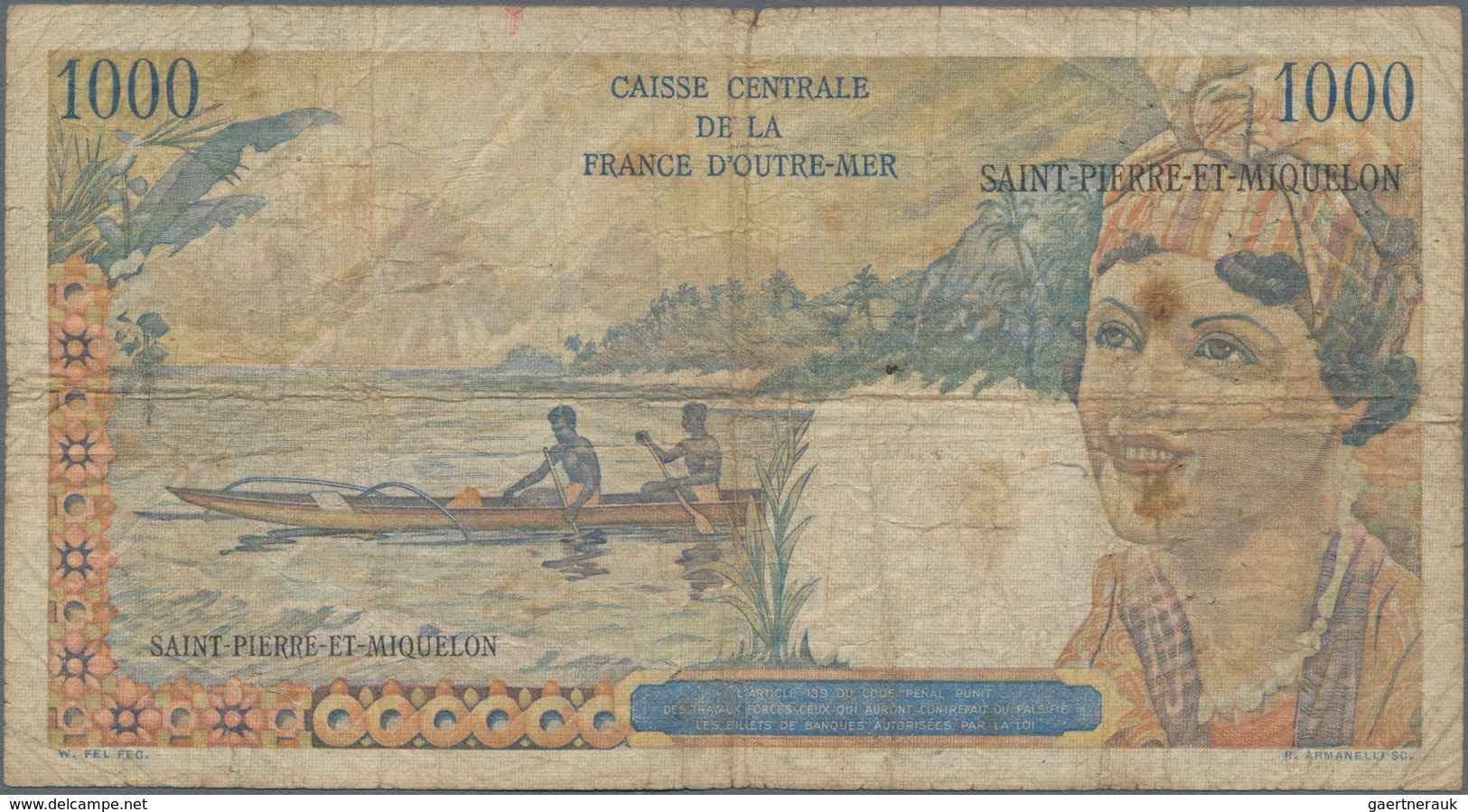 Saint Pierre & Miquelon: Caisse Centrale De La France D'Outre-Mer 1000 Francs ND(1950-60), P.28, Alm - Sonstige & Ohne Zuordnung