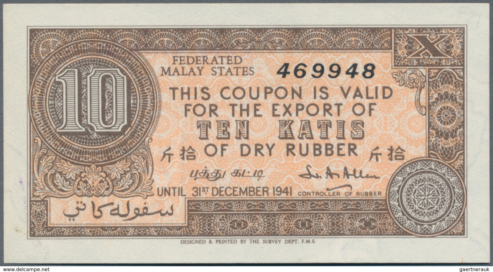 Sarawak: Federated Malay States 10 Katis Of Dry Rubber 1941, P.NL In UNC - Malaysia