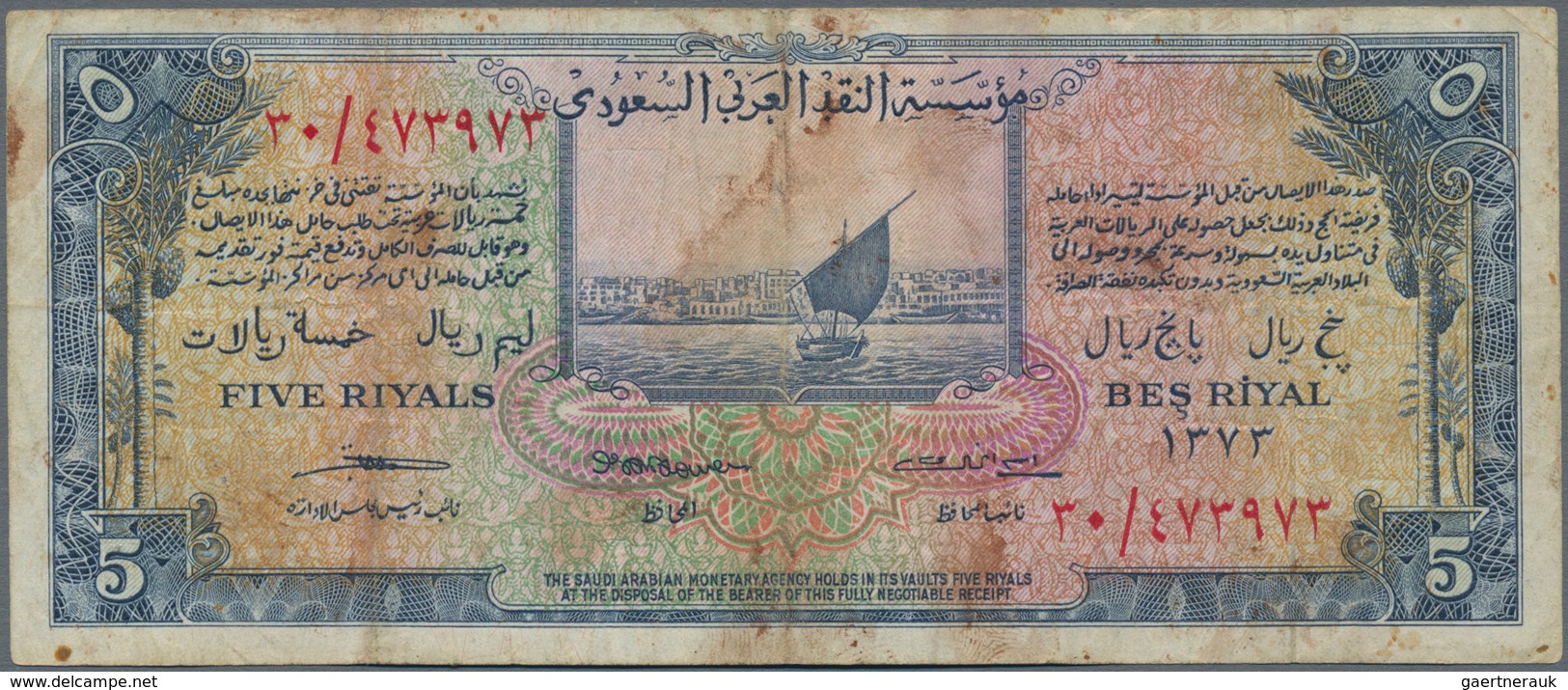 Saudi Arabia  / Saudi Arabien: Lot With 3 Banknotes 5 Riyals 1954 P.3 (F-), 5 Riyals 1961 P.7a(F+) A - Saudi-Arabien