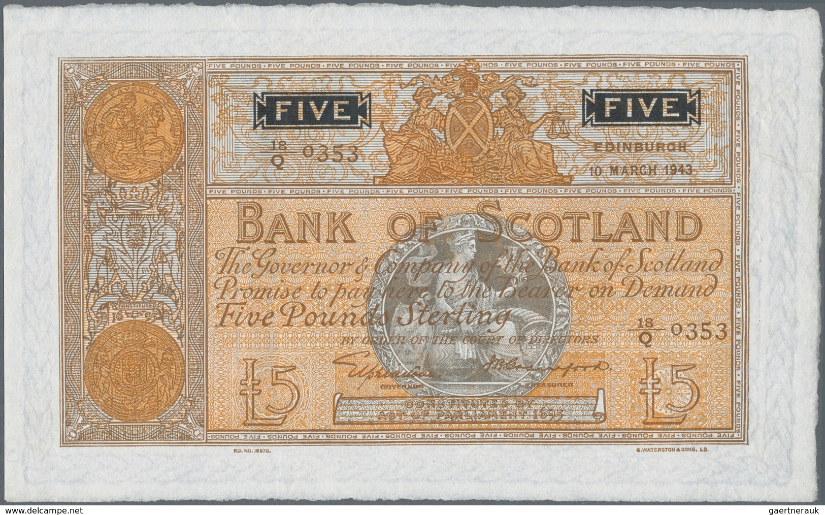 Scotland / Schottland: Bank Of Scotland 5 Pounds 1943 With Signatures: Elphinstone & Crawford, P.92c - Other & Unclassified