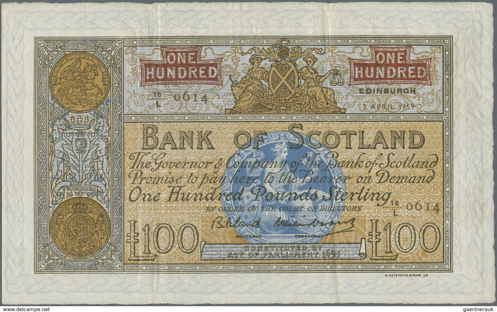 Scotland / Schottland: Bank Of Scotland 100 Pounds 1959, P.95e, Highest Denomination Of This Series - Sonstige & Ohne Zuordnung