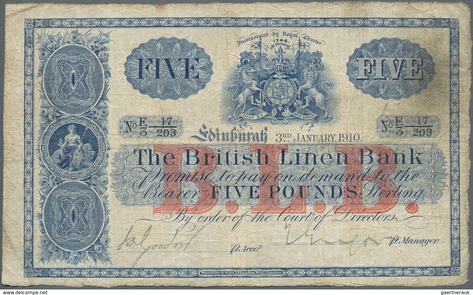 Scotland / Schottland: The British Linen Bank 5 Pounds 1910, P.147, Highly Rare Issue In Still Nice - Sonstige & Ohne Zuordnung