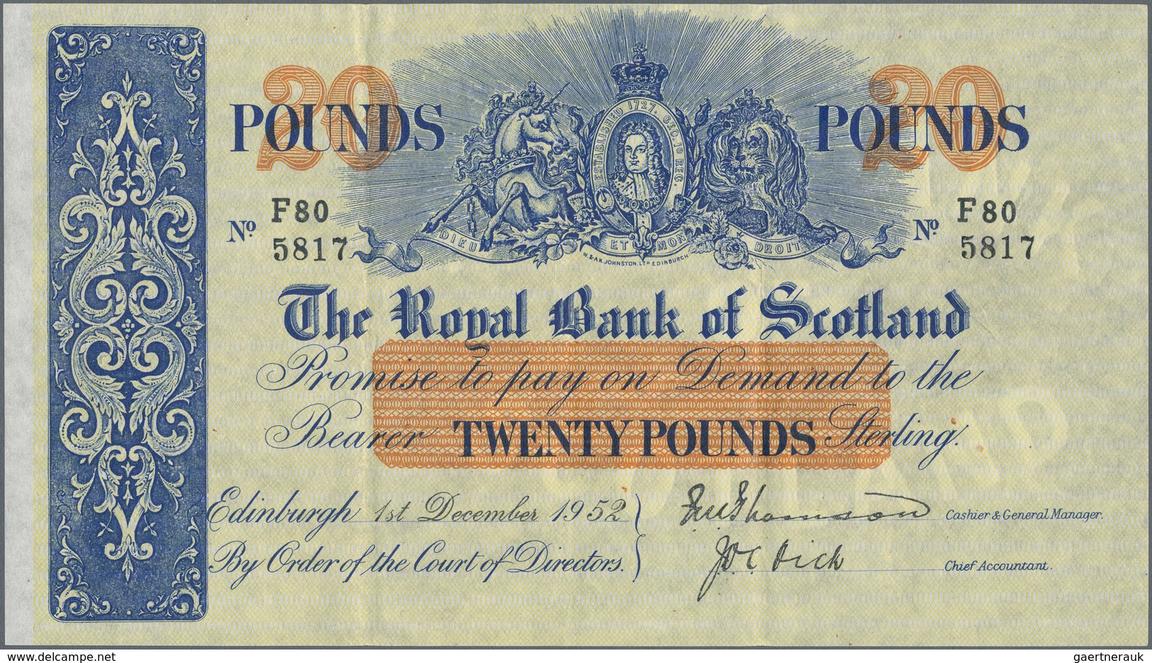 Scotland / Schottland: The Royal Bank Of Scotland 20 Pounds 1952, P.319c, Fantastic Condition For Th - Sonstige & Ohne Zuordnung