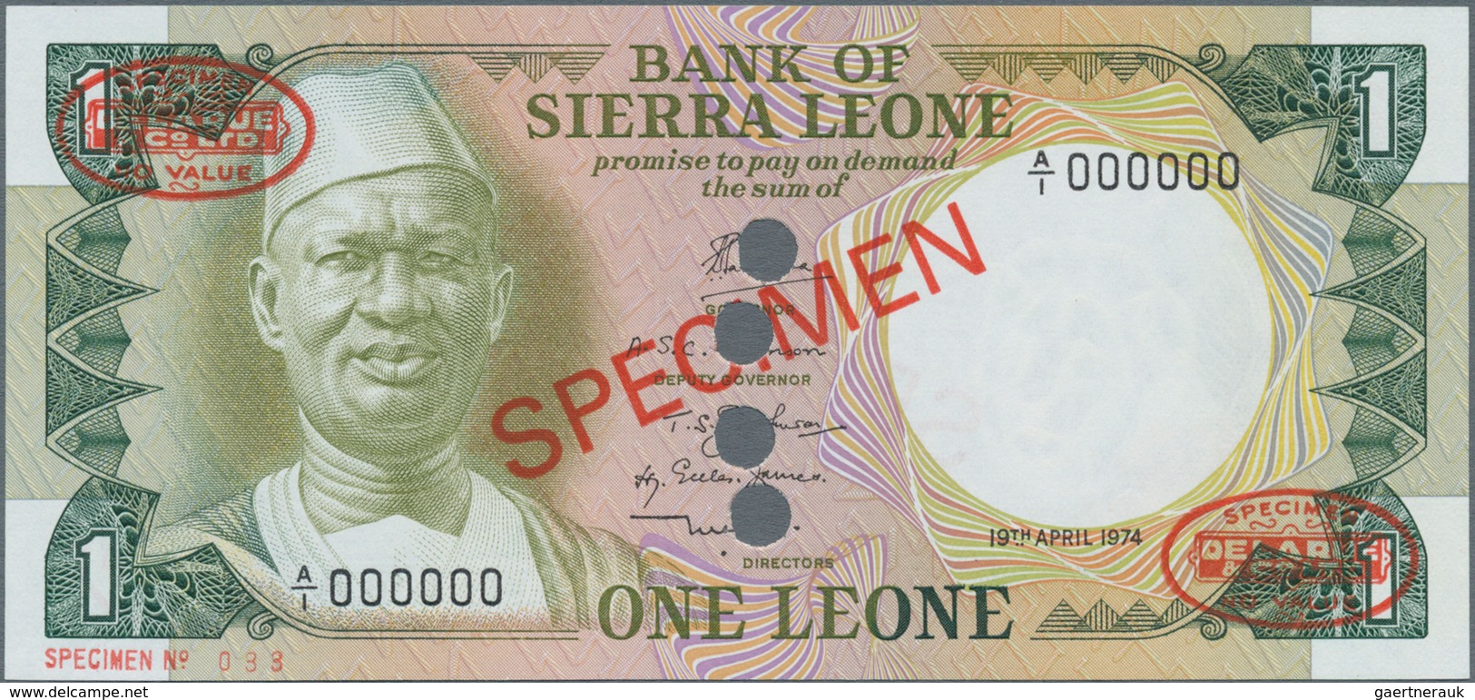 Sierra Leone: 1 Leone 1974 Specimen P. 5as, With Zero Serial Numbers And Red Specimen Overprints, In - Sierra Leone