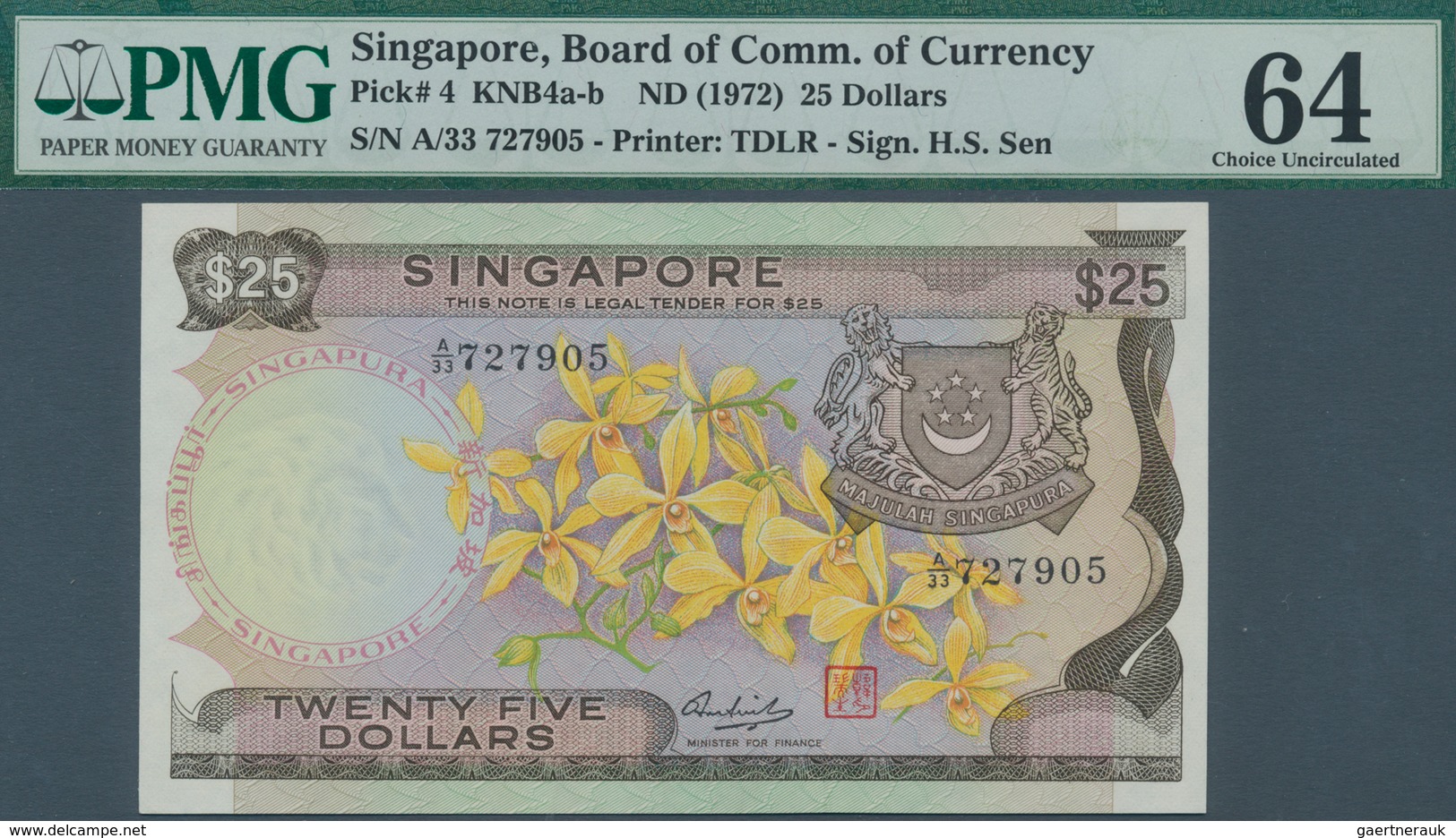 Singapore / Singapur: 25 Dollars ND(1972) P. 4 In Condition: PMG Graded 64 Choice UNC. - Singapore