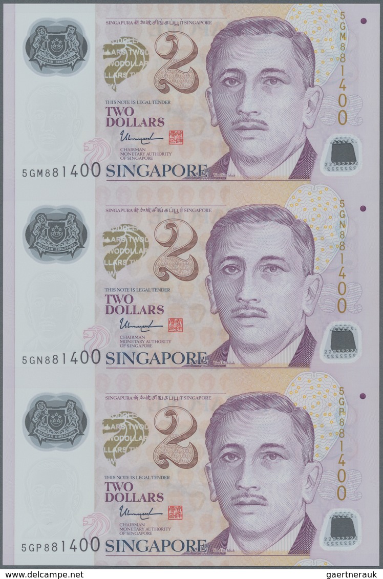 Singapore / Singapur: set of 7 uncut sheets of 3 notes (21 notes in total) of 2 Dollars ND P. 46, al