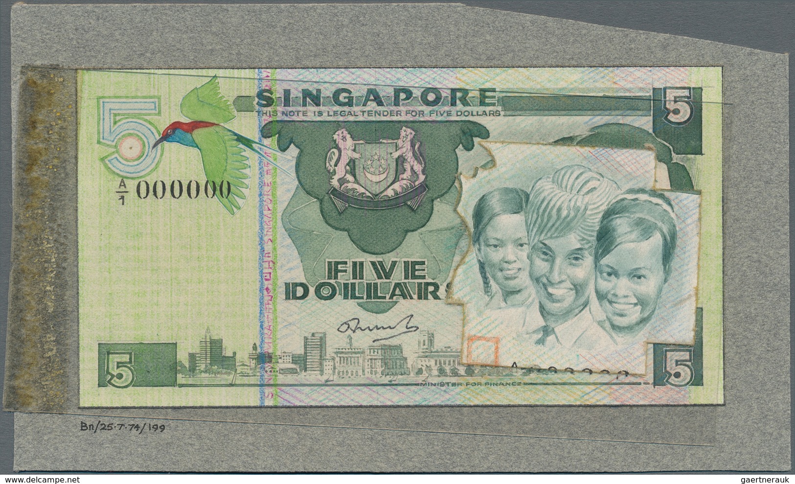 Singapore / Singapur: Front And Back Side Design Proof, Or Essay For A 5-Dollars-banknote Glued On C - Singapore