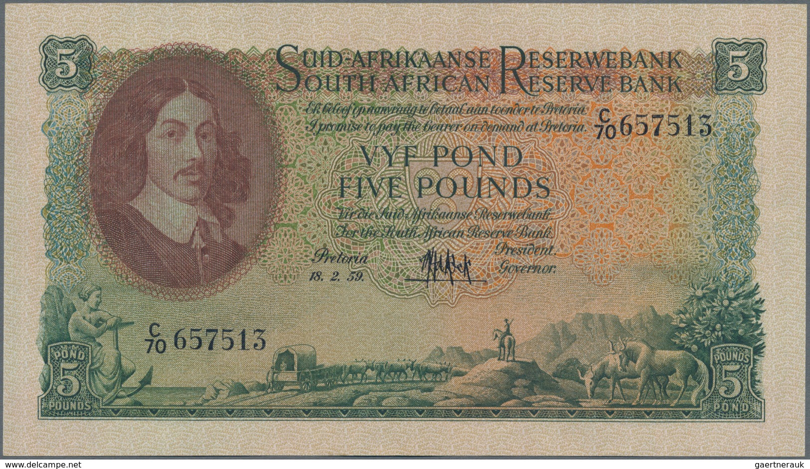 South Africa / Südafrika: 5 Pounds February 18th 1959, P.97c In Perfect UNC Condition. - Südafrika