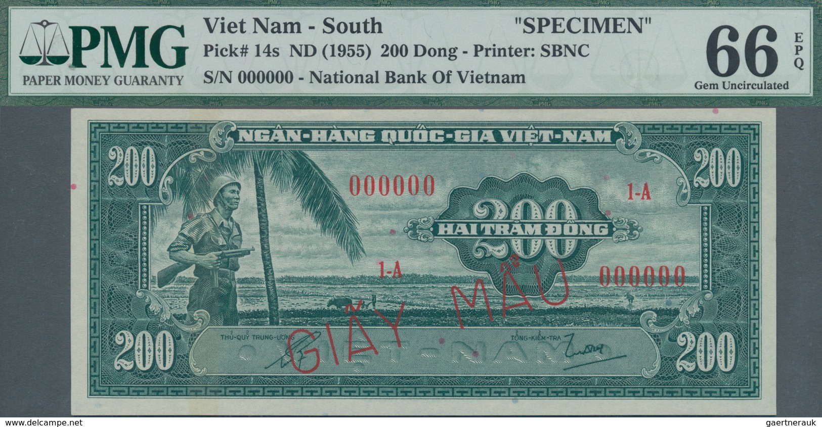 South Vietnam / Süd Vietnam: 200 Dong ND(1955) SPECIMEN, P.14s In UNC, PMG Graded 66 Gem Uncirculate - Vietnam