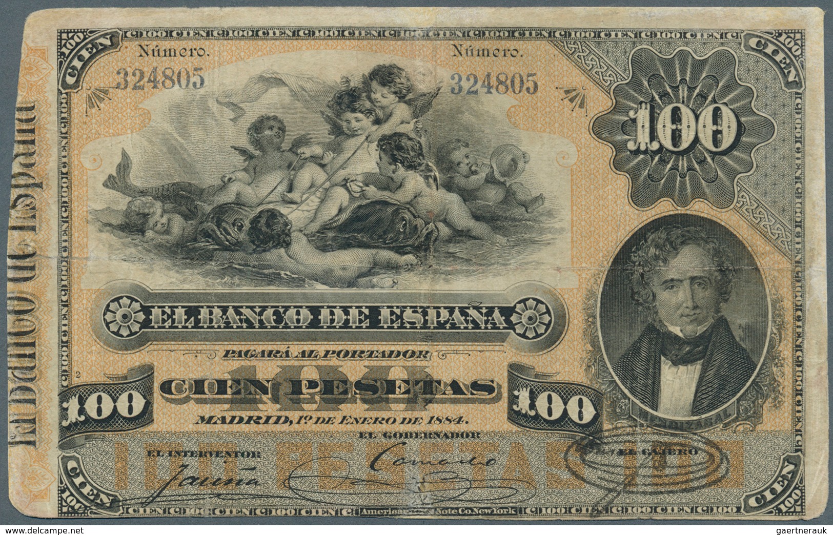 Spain / Spanien: 100 Pesetas 1884 P. 26, Very Rare Note, Folded And Stained Paper, Professional Rest - Other & Unclassified