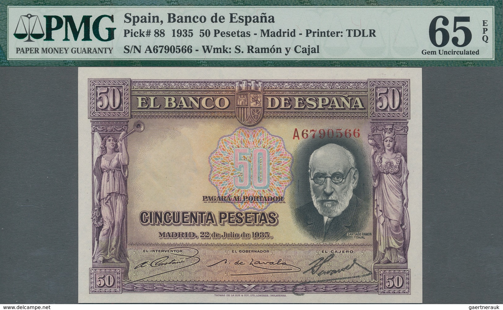 Spain / Spanien: 50 Pesetas 1935 With Serial Number A6790566 In Uncirculated Condition, PMG Graded 6 - Altri & Non Classificati