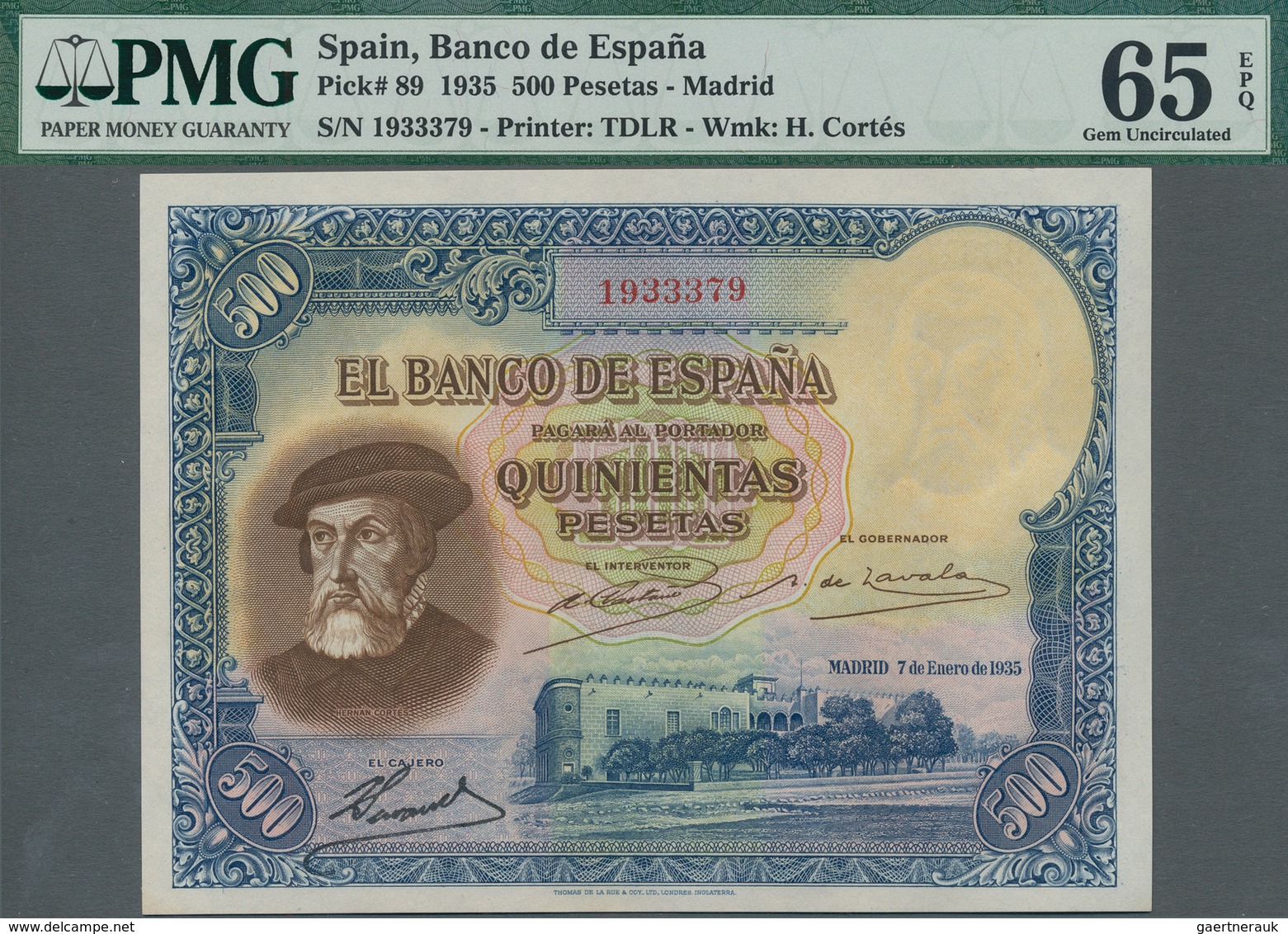 Spain / Spanien: 500 Pesetas 1935, P.89 With Serial Number 1933379 In Uncirculated Condition, PMG Gr - Autres & Non Classés