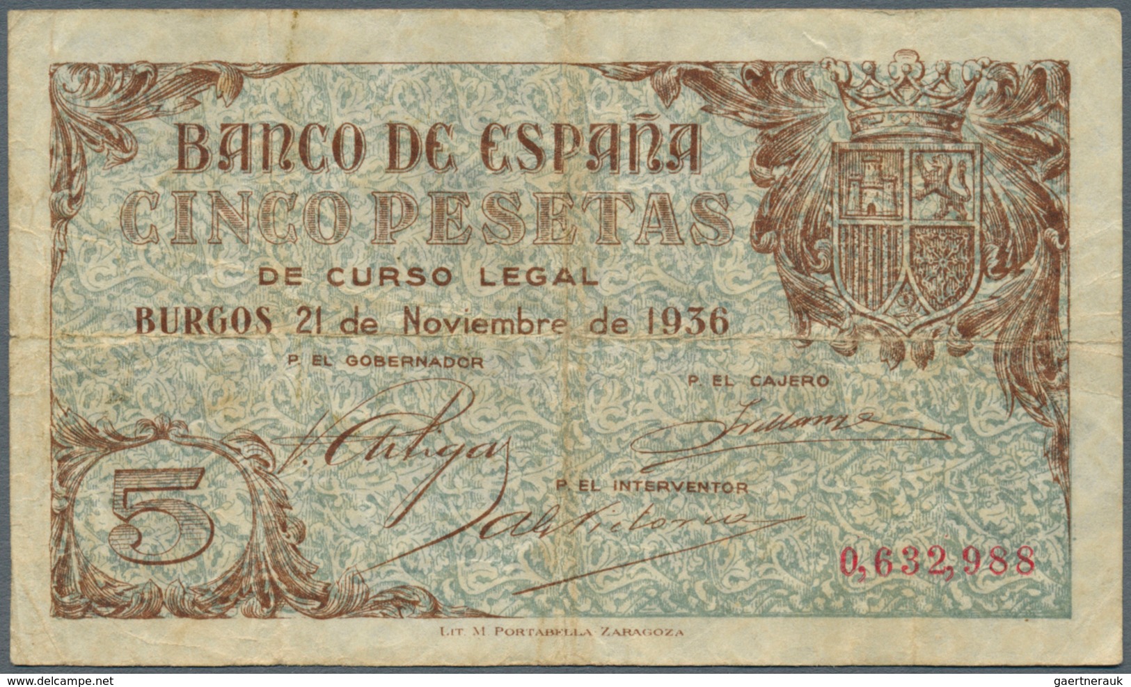 Spain / Spanien: 5 Pesetas 1936 P. 97a, Vertical And Horizontal Folds, No Holes Or Tears, Still Stro - Sonstige & Ohne Zuordnung