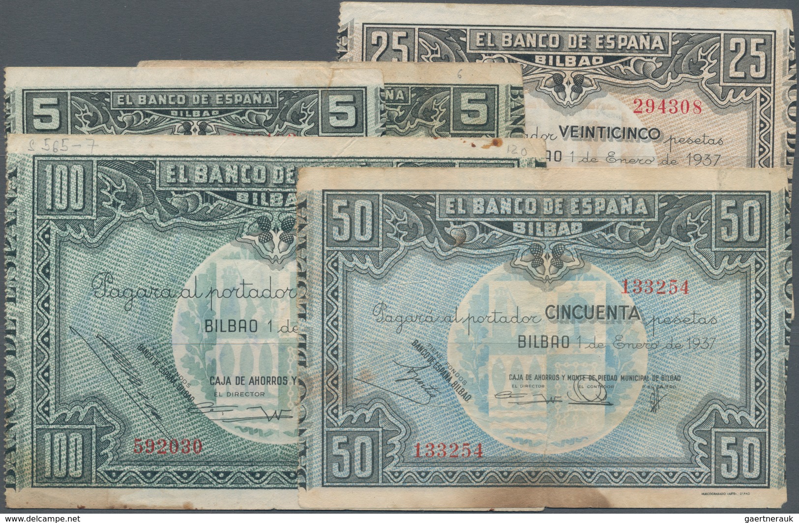 Spain / Spanien: Banco De España, Bilbao Lot With 5 Banknotes 2x 5, 25, 50 And 100 Pesetas 1937, P.S - Sonstige & Ohne Zuordnung