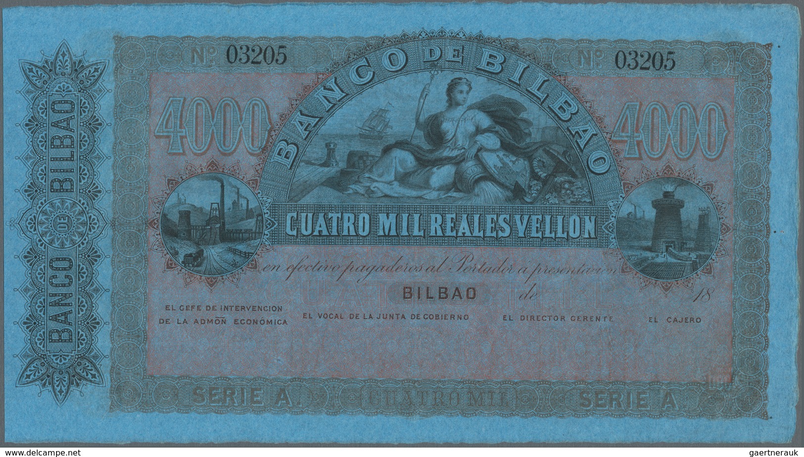 Spain / Spanien: Banco De Bilbao 4000 Reales Vellon Unsigned Remainder 18xx, P.S1256r In UNC Conditi - Otros & Sin Clasificación