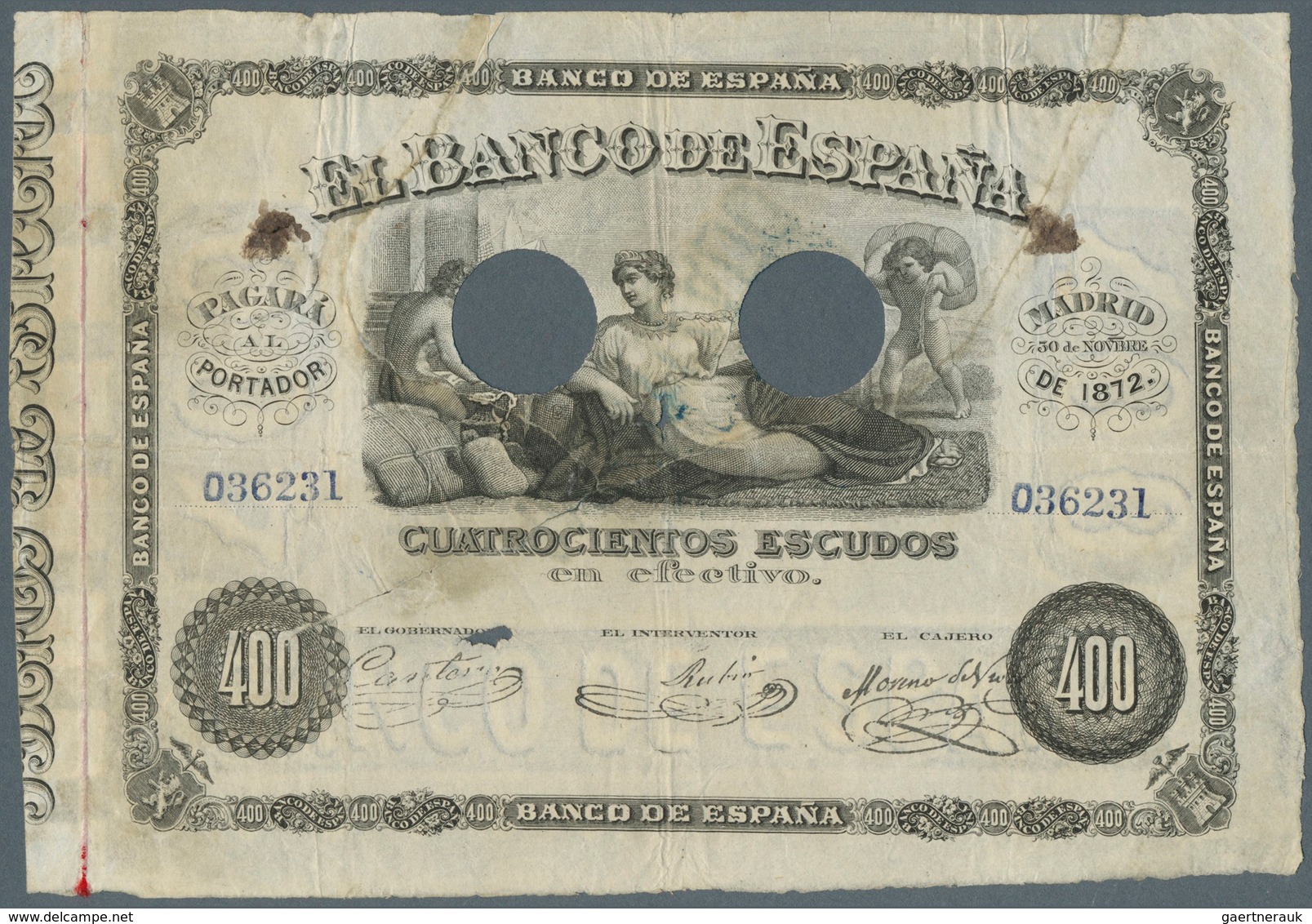 Spain / Spanien: 400 Escudos 1872 P. NL, A Very Rare Issue, 2 Cancellation Holes At Center, A Strong - Otros & Sin Clasificación