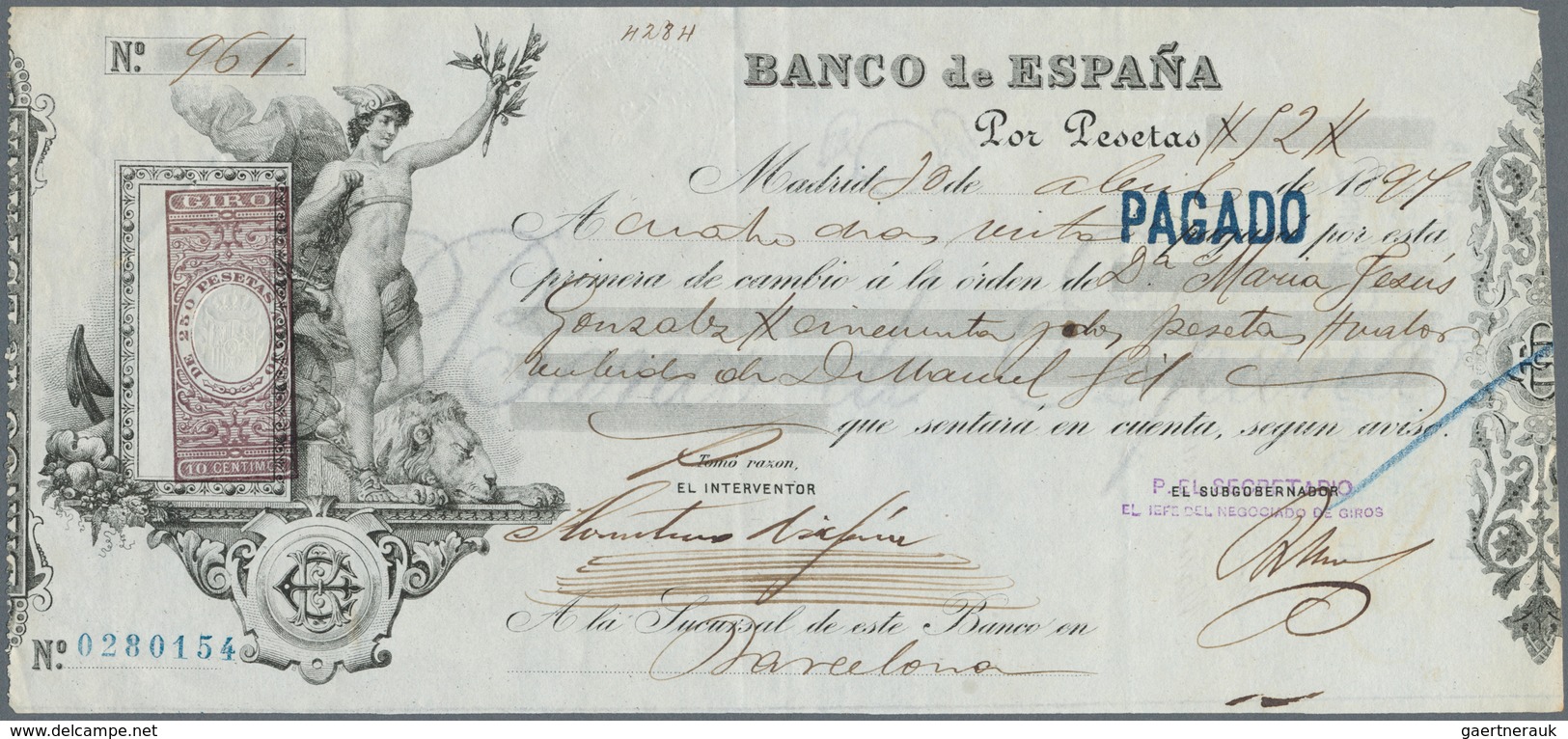 Spain / Spanien: Cheque Of The Banco De Espana Dated Barcelona 1894 Or 1897 With Additional Tax Stam - Altri & Non Classificati