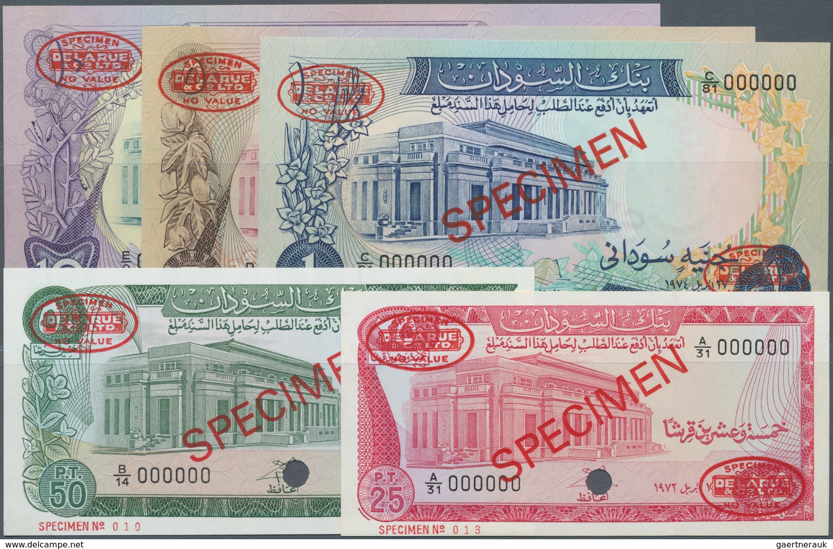 Sudan: Set Of 5 Specimen Banknotes From 25 Piastres To 10 Pounds 1975 P. 11bs To 15bs, All In Condit - Sudan