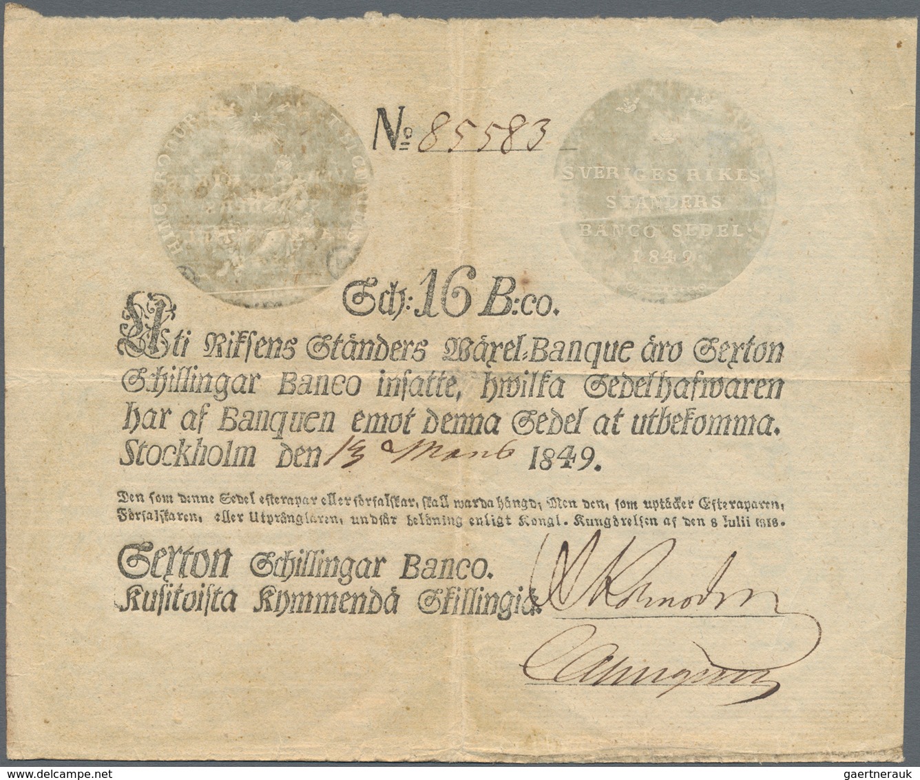 Sweden / Schweden: Consecutive Numbered Pair Of The 16 Schillingar Banco 1849, P.A102b With Serial N - Schweden