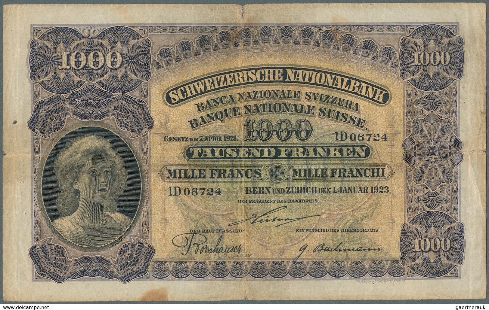 Switzerland / Schweiz: 1000 Franken 1923 P. 30, Strong Center Fold, Horizontal Fold, Stain Dot At Lo - Schweiz