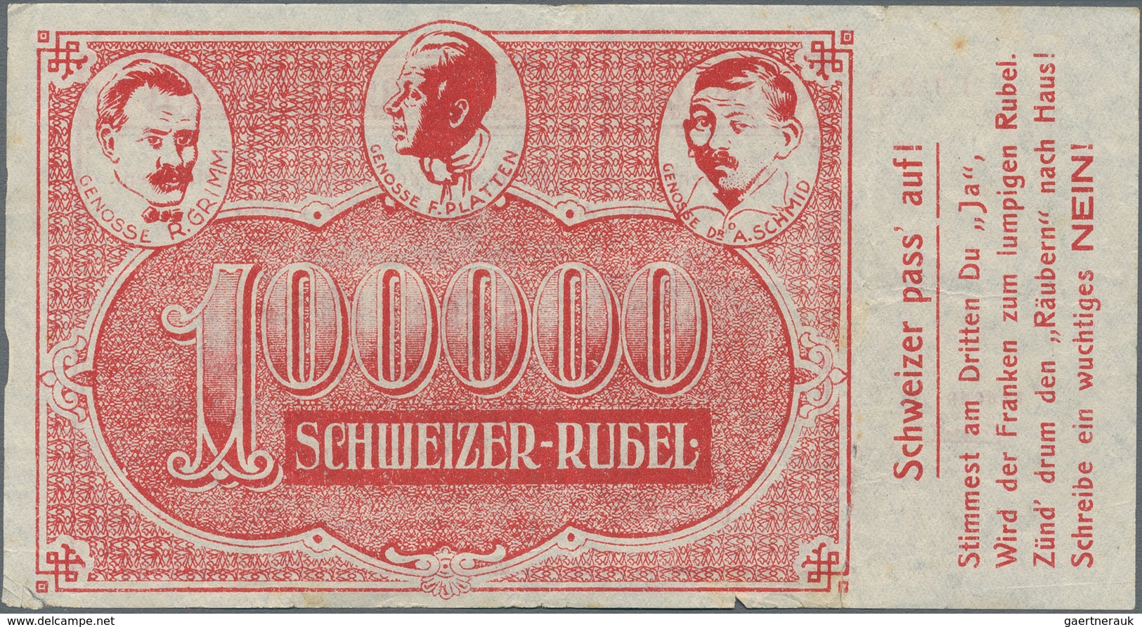 Switzerland / Schweiz: Very Rare Propaganda-note 1921 100.000 Schweizer Rubel With Text "Schweizer P - Schweiz