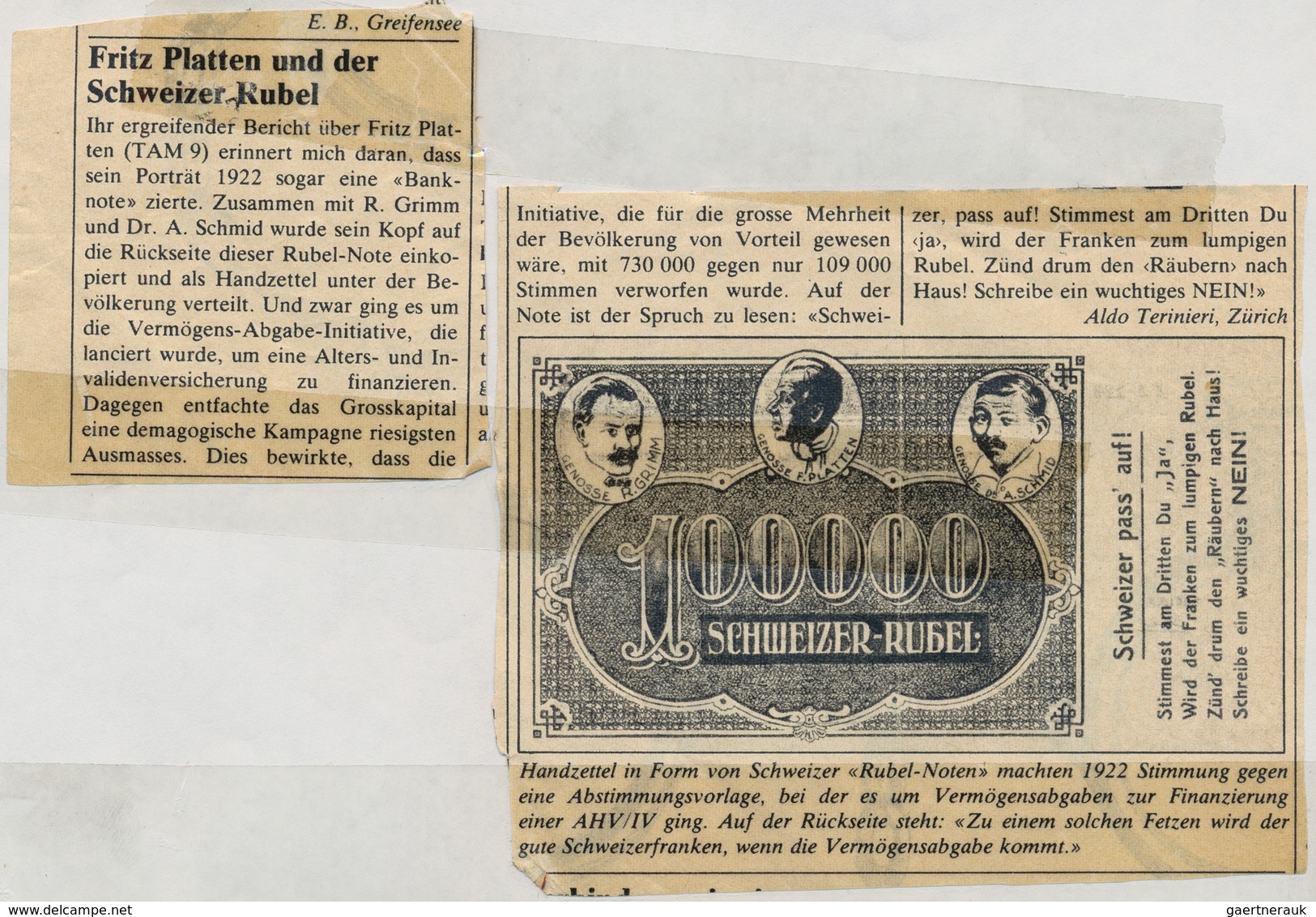 Switzerland / Schweiz: Very Rare Propaganda-note 1921 100.000 Schweizer Rubel With Text "Schweizer P - Schweiz