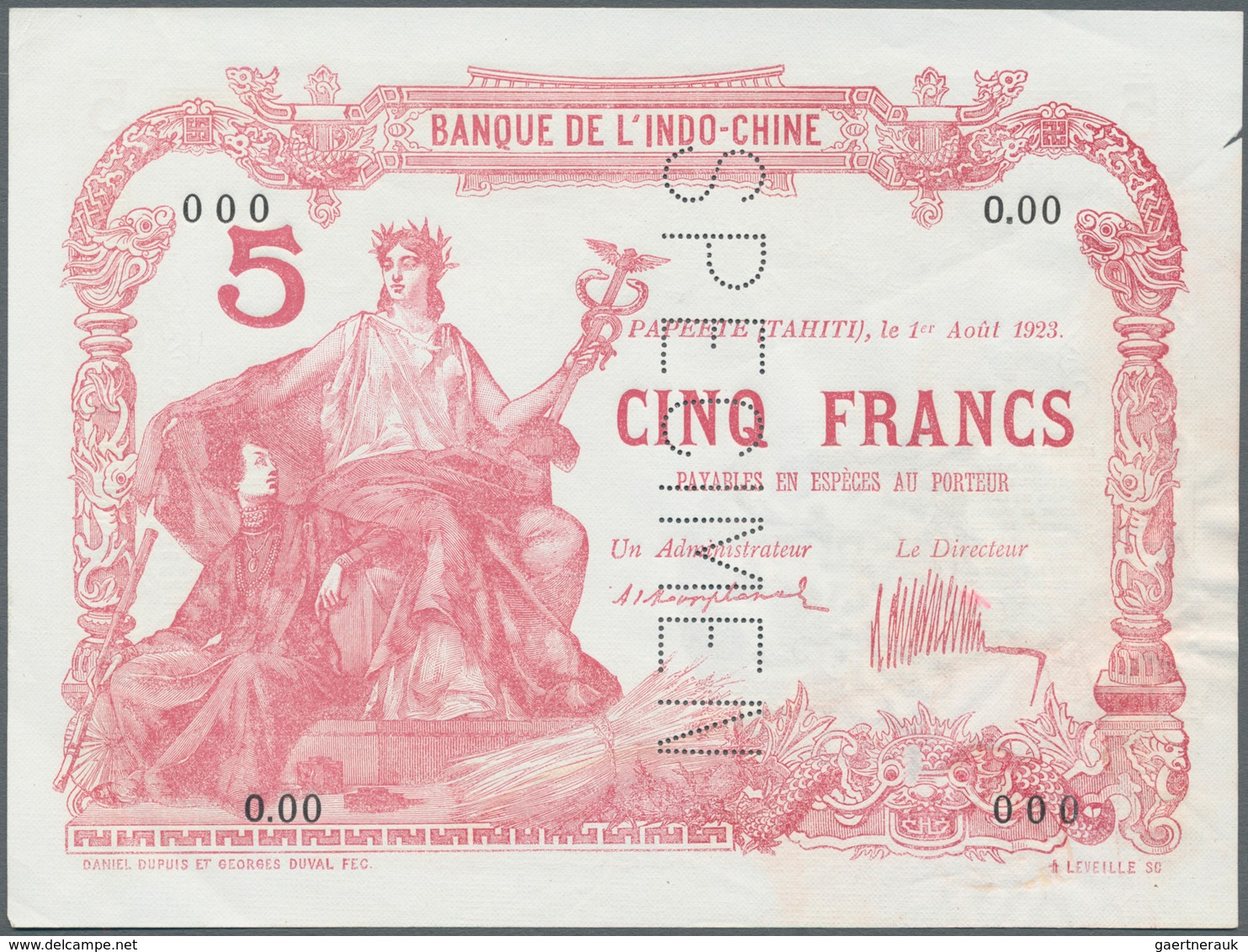 Tahiti: Very Rare Specimen Note Of 5 Francs 1923 Banque De L'Indochine P. 4s, With Vertical Specimen - Sonstige – Ozeanien