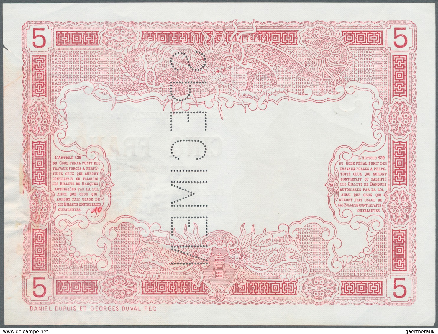 Tahiti: Very Rare Specimen Note Of 5 Francs 1923 Banque De L'Indochine P. 4s, With Vertical Specimen - Sonstige – Ozeanien