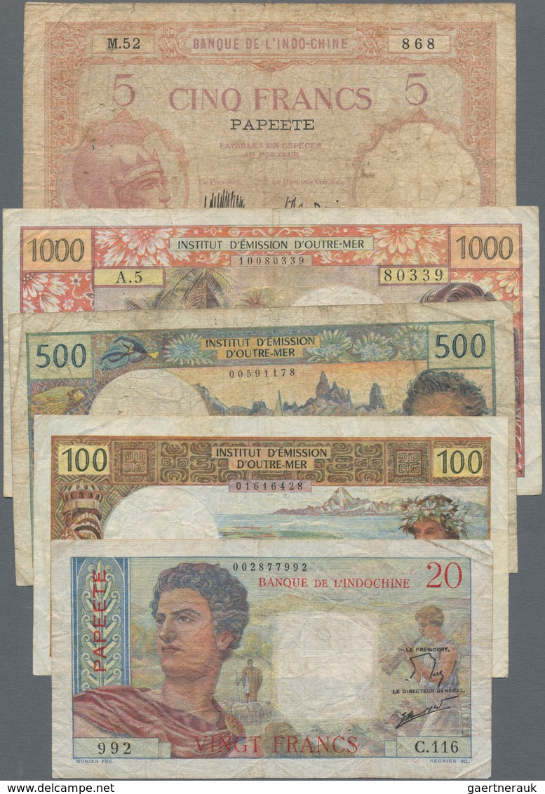 Tahiti: Lot With 5 Banknotes 5, 20, 100, 500 And 1000 Francs Ca.1927-85, P.11, 21, 24-26 In About F - Sonstige – Ozeanien