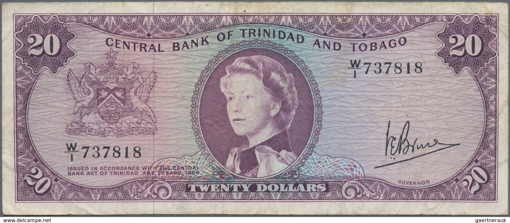 Trinidad & Tobago: Lot With 5 Banknotes 1 And 2 Dollars 1943 P.5, 8 (F-, F), 10 And 20 Dollars L.196 - Trinidad & Tobago