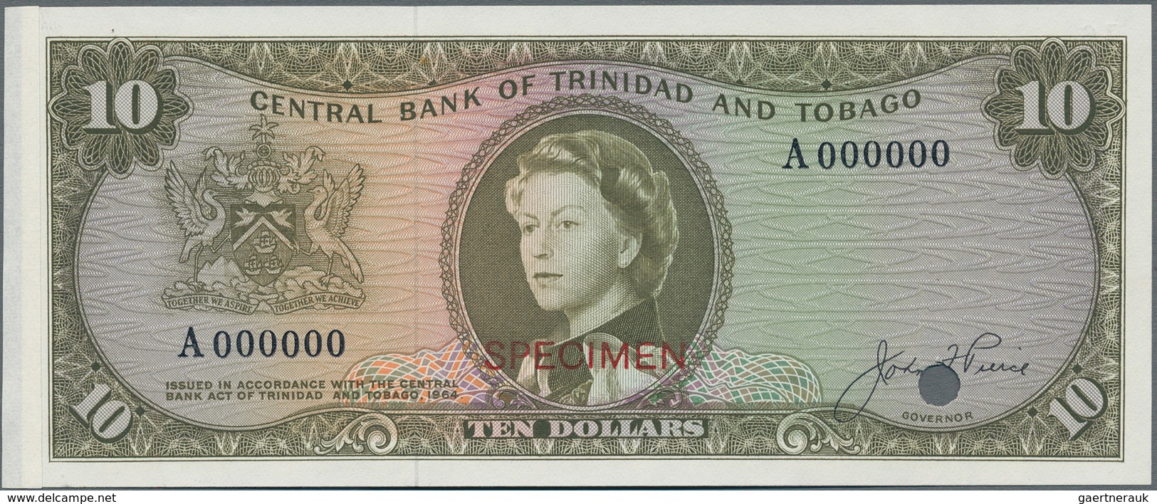 Trinidad & Tobago: 10 Dollars L.1964 With Signature: J. F. Pierce Color Trial Specimen, P.28acts, Sm - Trinidad & Tobago