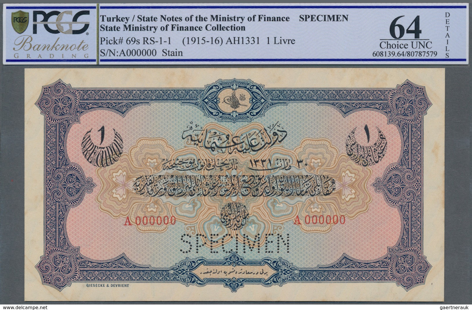 Turkey / Türkei: 1 Livre ND(1915-16) Specimen P. 69s With Zero Serial Numbers And Specimen Perforati - Türkei