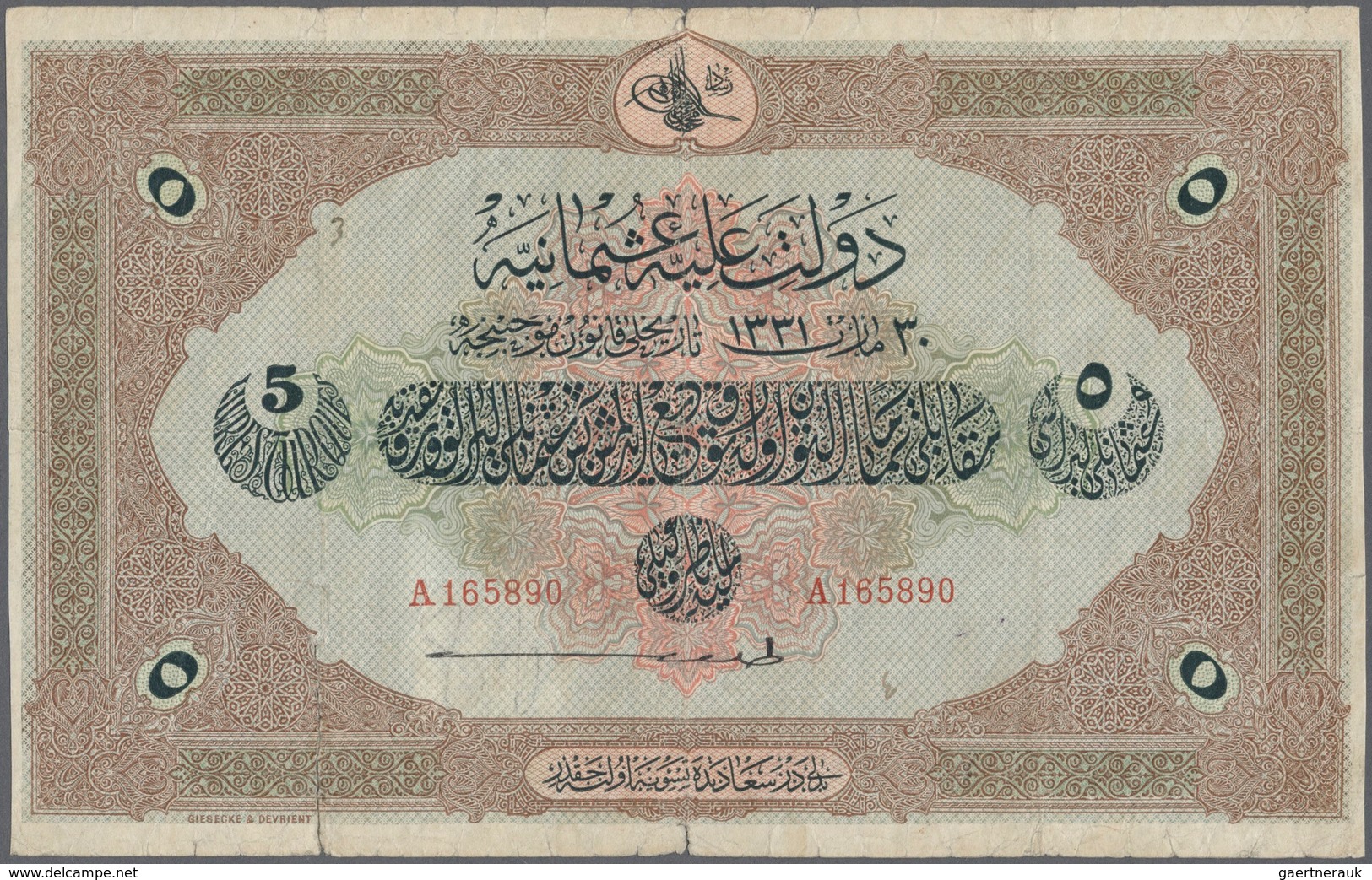 Turkey / Türkei: 5 Livres 1915 P. 70, Used With Several Folds And Border Tears, One Larger Tear (2,5 - Turquie