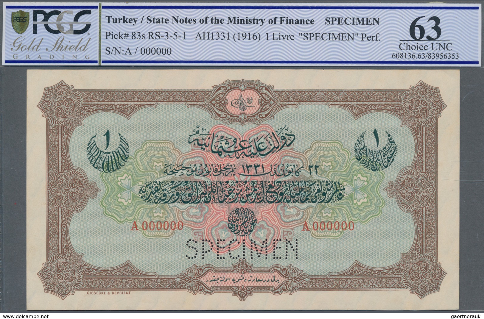Turkey / Türkei: 1 Livre ND(1916) Specimen P. 83s With Zero Serial Numbers And Specimen Perforation - Turkey