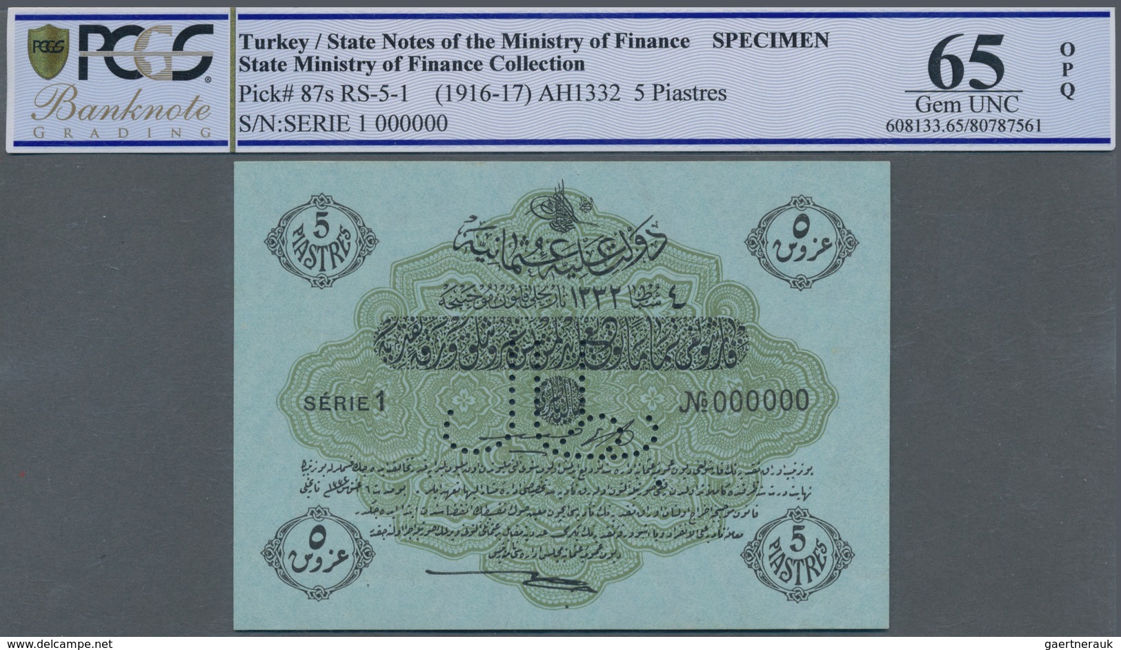 Turkey / Türkei: 5 Piastres ND(1916-17) Specimen P. 87s With Zero Serial Numbers And Specimen Perfor - Turkey