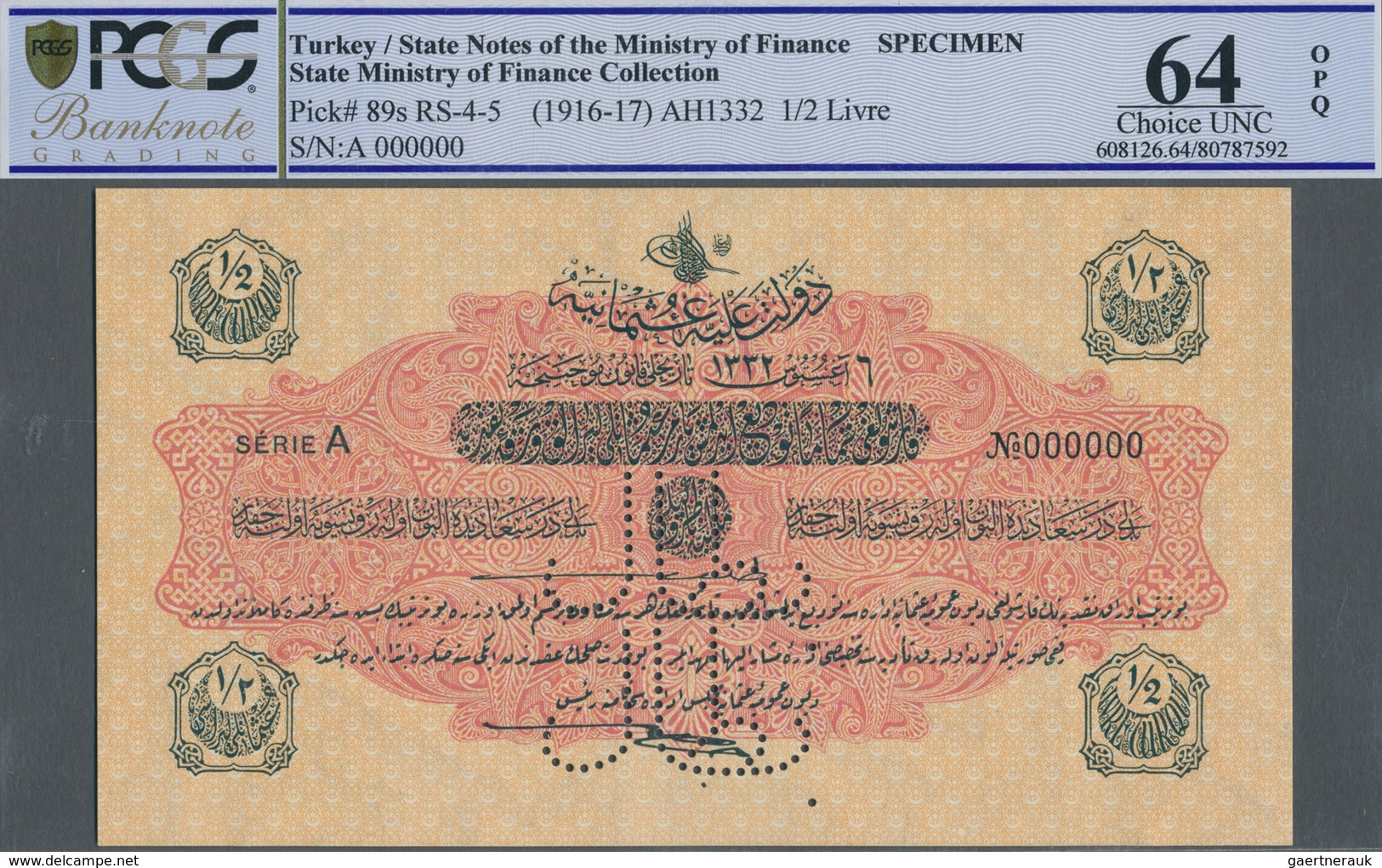 Turkey / Türkei: 1/2 Livre ND(1916-17) Specimen P. 89s With Zero Serial Numbers And Specimen Perfora - Turkey