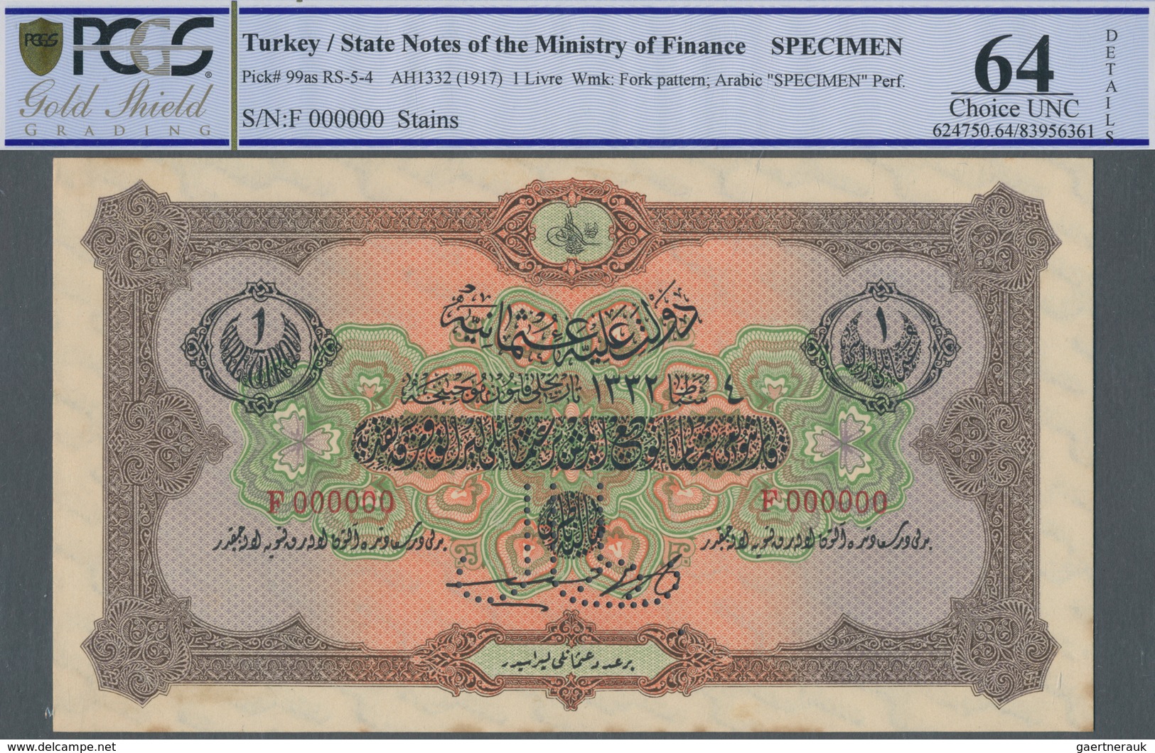 Turkey / Türkei: 1 Livre ND(1917) Specimen P. 99as, Rare Note With Zero Serial Numbers And Specimen - Türkei