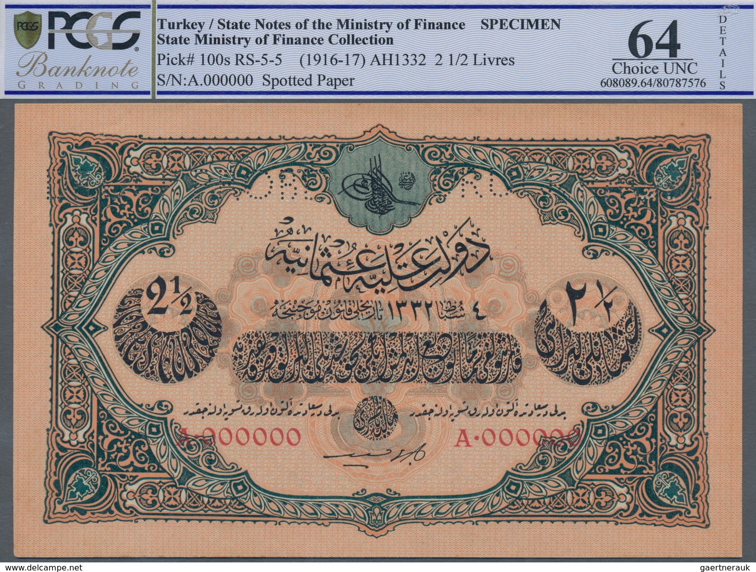 Turkey / Türkei: 2 1/2 Livres ND(1916-17) Specimen P. 100s, Rare Note With Zero Serial Numbers And S - Turquie