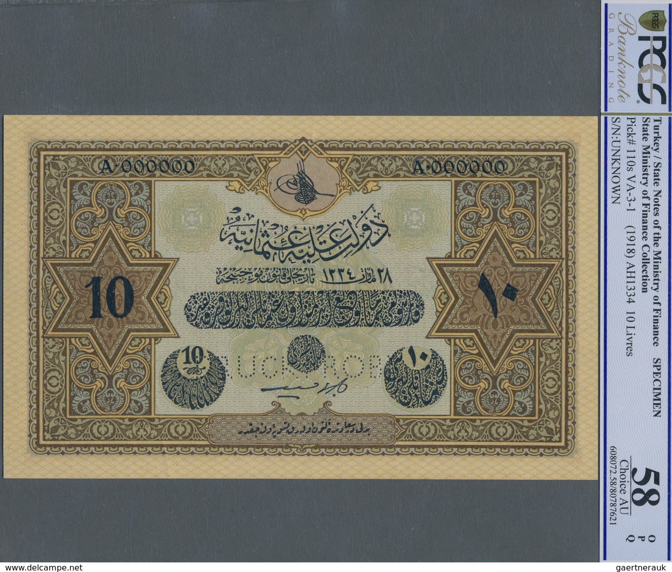 Turkey / Türkei: Rare Specimen Banknote Of 10 Livres ND(1918) AH1334, RS-3-1, With German Specimen P - Türkei