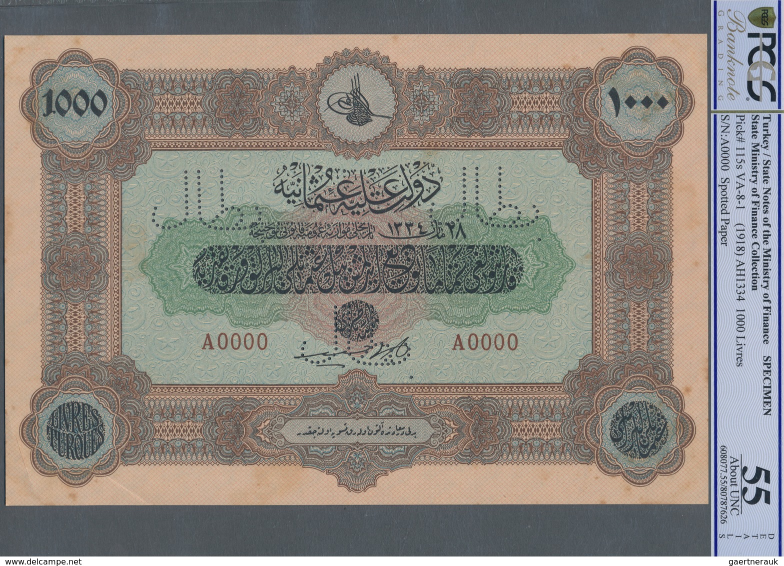 Turkey / Türkei: Rare Specimen Banknote Of 1000 Livres ND(1918) AH1334, VA-8-1, With Arabic Specimen - Turquie