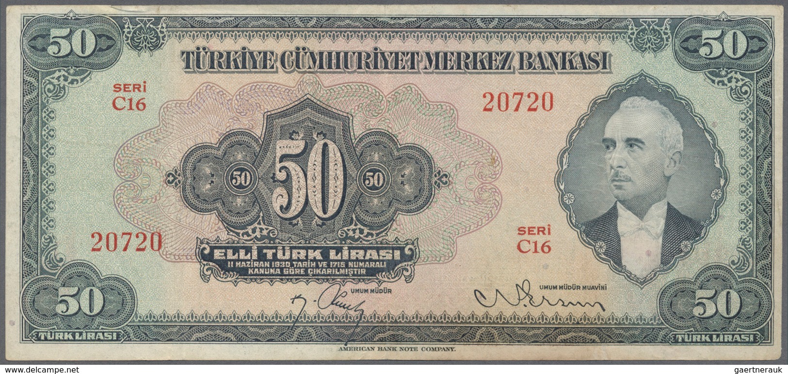 Turkey / Türkei: 50 Lira ND(1947) P. 143a, Slight Folds In Paper, No Holes Or Tears, Very Light Stai - Turkey