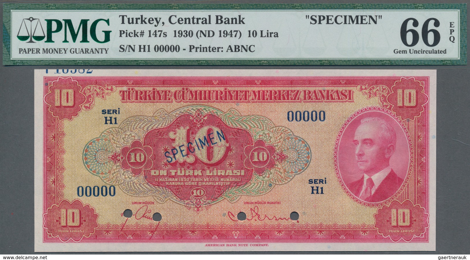 Turkey / Türkei: Türkiye Cümhuriyet Merkez Bankasi 10 Lira L.1930 ND(1947) SPECIMEN With Zero Serial - Turchia