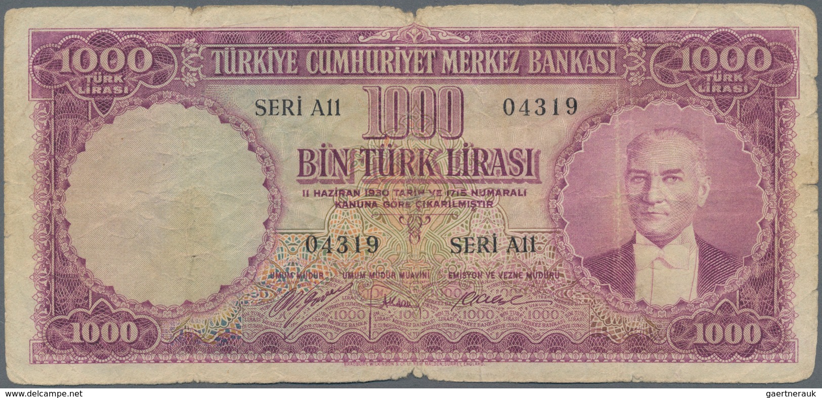 Turkey / Türkei: 1000 Lira 1953 P. 172, Used With Stronger Folds, Borders Worn, Center Tear And Smal - Türkei