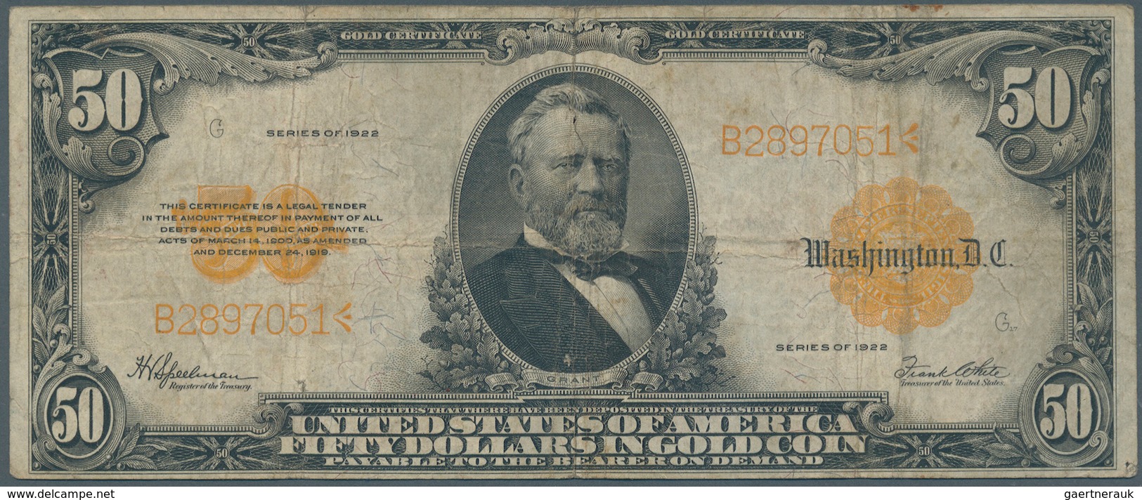 United States Of America: 50 Dollars Gold Certificate Series 1922 With Portrait Of President Grant, - Sonstige & Ohne Zuordnung